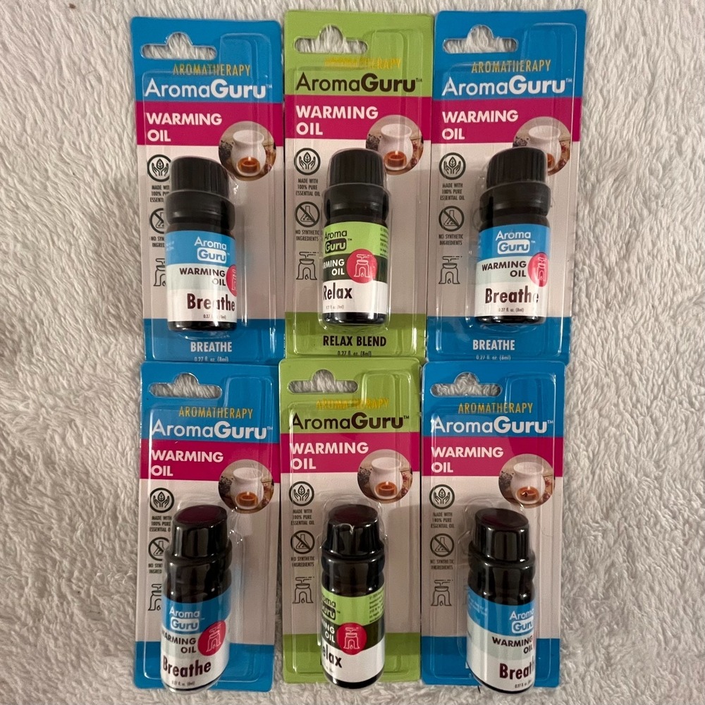 Lot of 6 Aroma Guru "Breathe" & "Relax" 100% Pure Essential Warming Oils